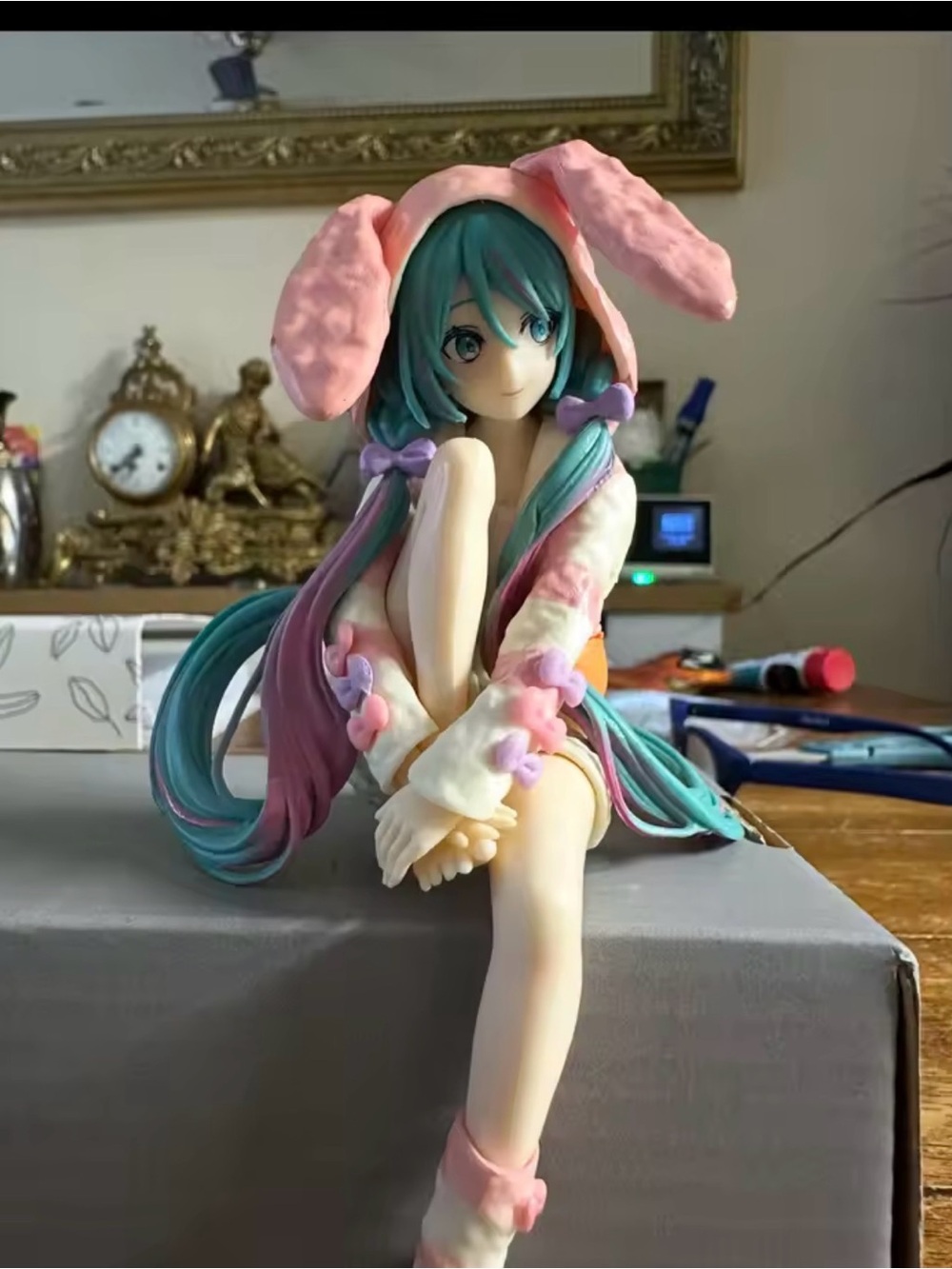 Pastel Bunny-Ear Anime Figure with Teal Hair